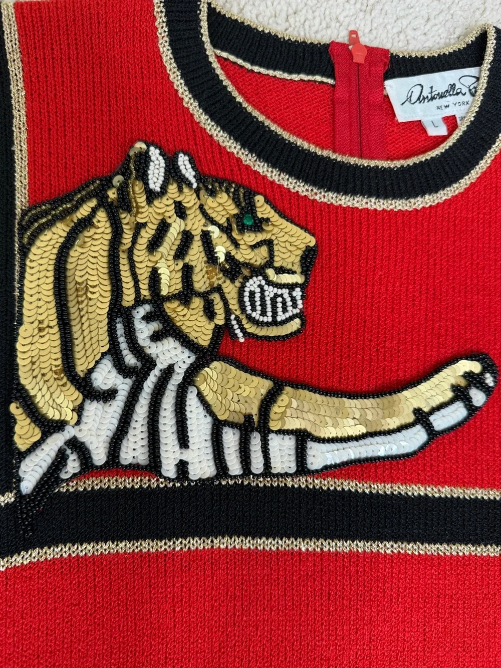 Vintage Antonella Preve New York Embellished Sequin Bead Tigers Tunic Sweater - Picture 6 of 17